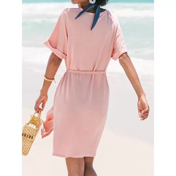 imageCUPSHE Womens Midi Casual Dress Cover Up V Neck Self Tie Belt Split Short Sleeve Open Front PinkPink