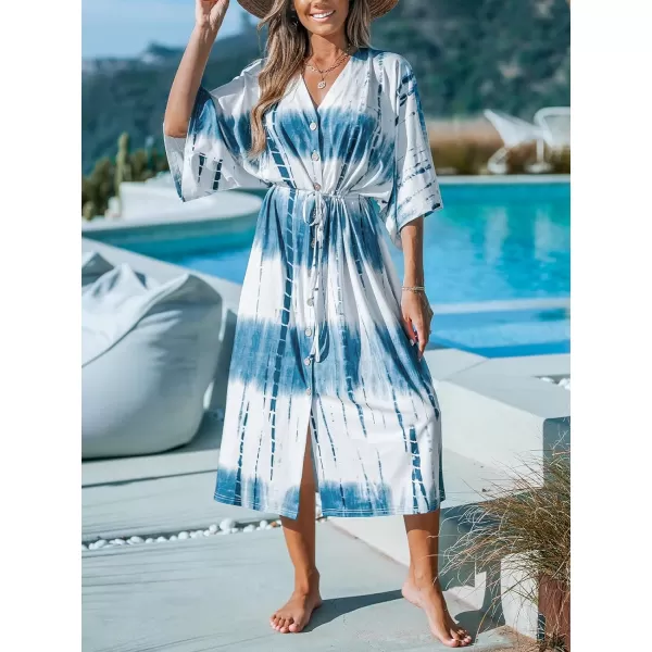 imageCUPSHE Womens Midi Cover Ups Dress Bathing Suit Open Front Kimonos Cardigans Tie Dye 2024Blue White Tie Dye