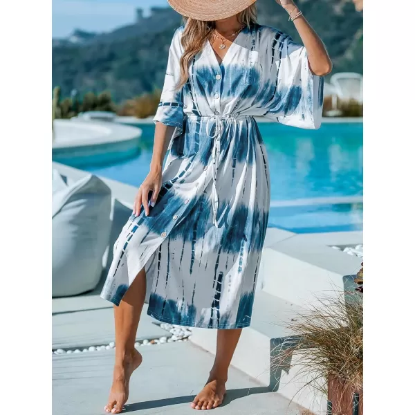 imageCUPSHE Womens Midi Cover Ups Dress Bathing Suit Open Front Kimonos Cardigans Tie Dye 2024Blue White Tie Dye