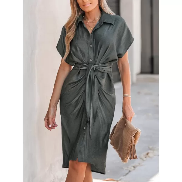 imageCUPSHE Womens Midi Dress Button Knotted Belted Waist Pleated Short Sleeve Casual Shirt DressGrey