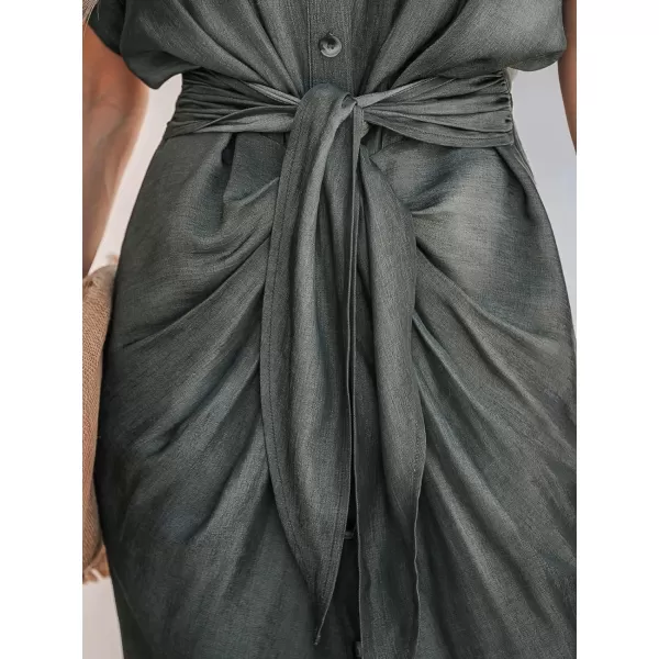 imageCUPSHE Womens Midi Dress Button Knotted Belted Waist Pleated Short Sleeve Casual Shirt DressGrey