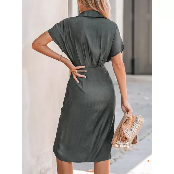 imageCUPSHE Womens Midi Dress Button Knotted Belted Waist Pleated Short Sleeve Casual Shirt DressGrey