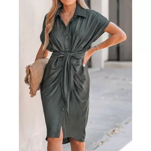 imageCUPSHE Womens Midi Dress Button Knotted Belted Waist Pleated Short Sleeve Casual Shirt DressGrey