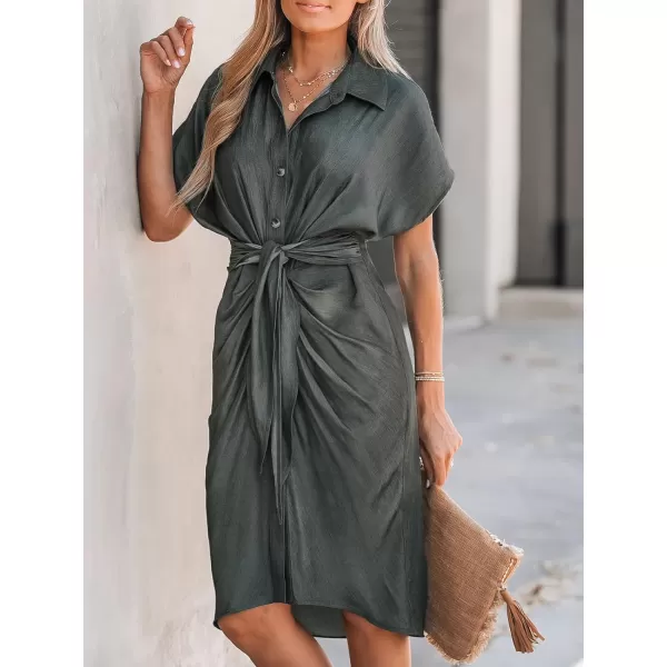 imageCUPSHE Womens Midi Dress Button Knotted Belted Waist Pleated Short Sleeve Casual Shirt DressGrey
