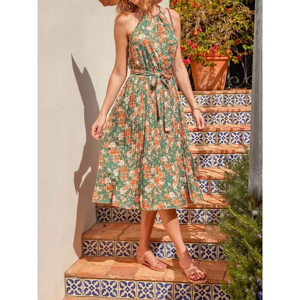 imageCUPSHE Womens Midi Dress Casual Sleeveless Floral Summer Dress A Line Pleated Halter Neck Tie WaistMulticoloured