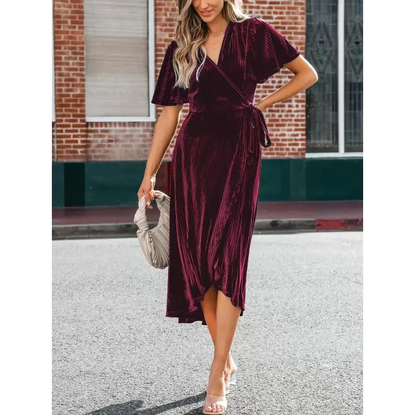 imageCUPSHE Womens Midi Dress Emerald V Neck Belted Short Sleeve Ribbed Knit Flowy Party Cocktail DressesBurgundy
