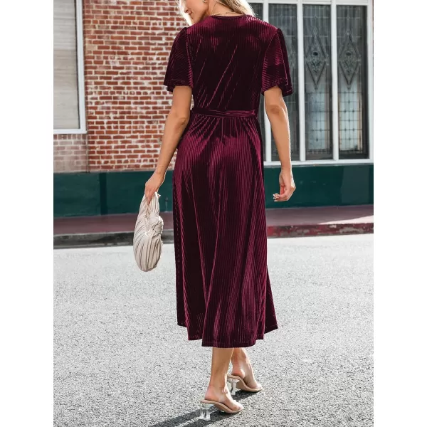 imageCUPSHE Womens Midi Dress Emerald V Neck Belted Short Sleeve Ribbed Knit Flowy Party Cocktail DressesBurgundy