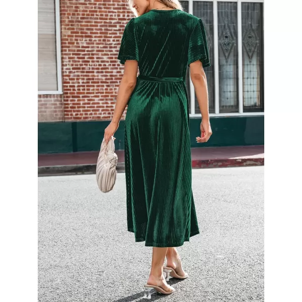 imageCUPSHE Womens Midi Dress Emerald V Neck Belted Short Sleeve Ribbed Knit Flowy Party Cocktail DressesGreen