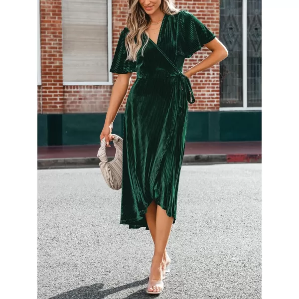 imageCUPSHE Womens Midi Dress Emerald V Neck Belted Short Sleeve Ribbed Knit Flowy Party Cocktail DressesGreen