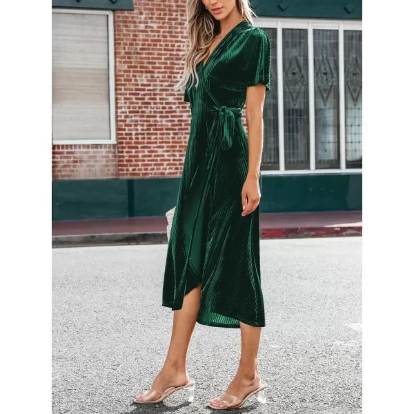 imageCUPSHE Womens Midi Dress Emerald V Neck Belted Short Sleeve Ribbed Knit Flowy Party Cocktail DressesGreen