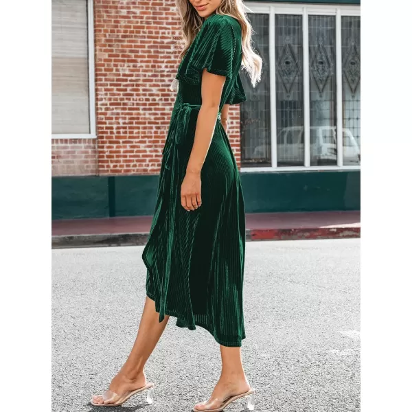 imageCUPSHE Womens Midi Dress Emerald V Neck Belted Short Sleeve Ribbed Knit Flowy Party Cocktail DressesGreen