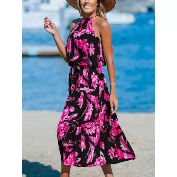 imageCUPSHE Womens Midi Dress Halter Floral Sleeveless Belted Ruffled A Line Casual Summer DressBlack Floral