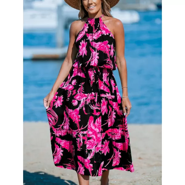 imageCUPSHE Womens Midi Dress Halter Floral Sleeveless Belted Ruffled A Line Casual Summer DressBlack Floral