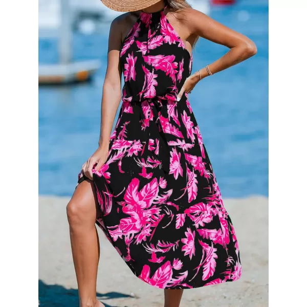 imageCUPSHE Womens Midi Dress Halter Floral Sleeveless Belted Ruffled A Line Casual Summer DressBlack Floral