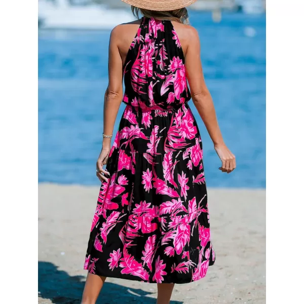 imageCUPSHE Womens Midi Dress Halter Floral Sleeveless Belted Ruffled A Line Casual Summer DressBlack Floral
