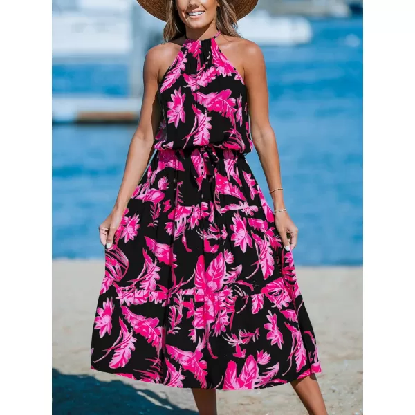 imageCUPSHE Womens Midi Dress Halter Floral Sleeveless Belted Ruffled A Line Casual Summer DressBlack Floral