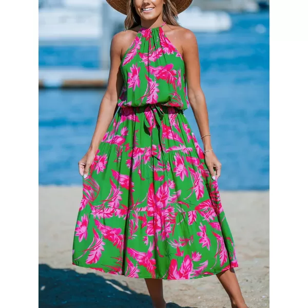 imageCUPSHE Womens Midi Dress Halter Floral Sleeveless Belted Ruffled A Line Casual Summer DressGreen Floral