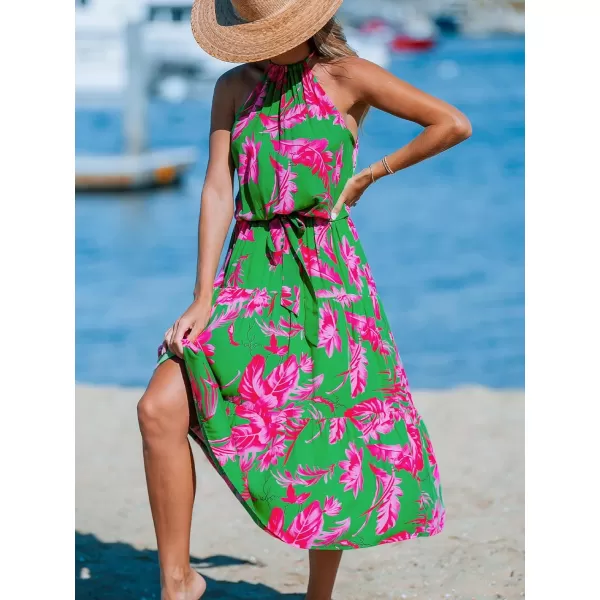 imageCUPSHE Womens Midi Dress Halter Floral Sleeveless Belted Ruffled A Line Casual Summer DressGreen Floral