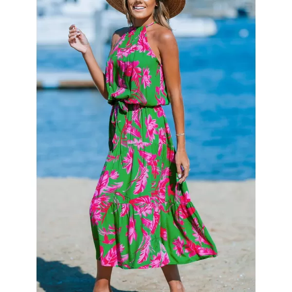 imageCUPSHE Womens Midi Dress Halter Floral Sleeveless Belted Ruffled A Line Casual Summer DressGreen Floral