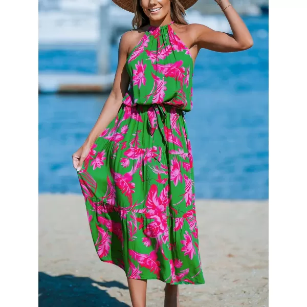 imageCUPSHE Womens Midi Dress Halter Floral Sleeveless Belted Ruffled A Line Casual Summer DressGreen Floral