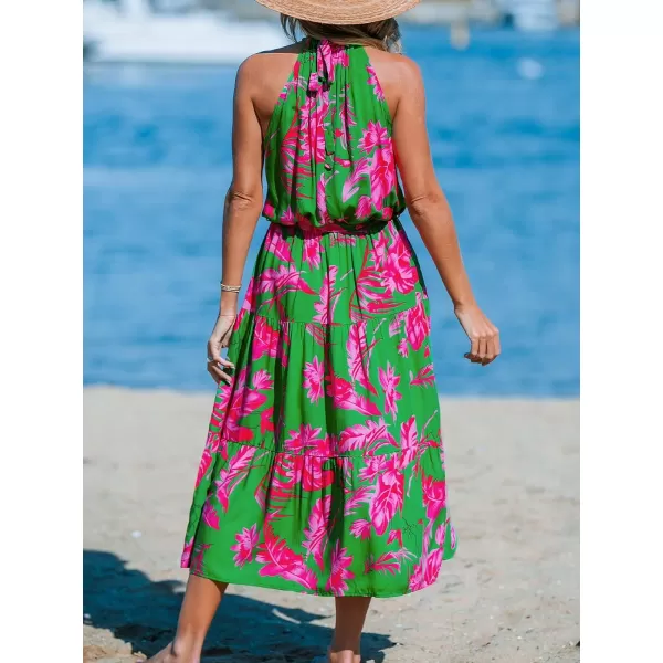 imageCUPSHE Womens Midi Dress Halter Floral Sleeveless Belted Ruffled A Line Casual Summer DressGreen Floral