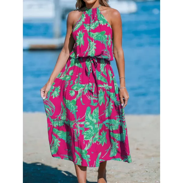imageCUPSHE Womens Midi Dress Halter Floral Sleeveless Belted Ruffled A Line Casual Summer DressPink Floral