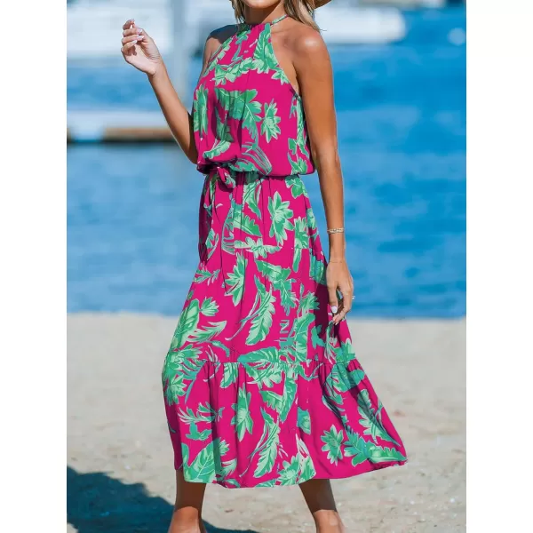 imageCUPSHE Womens Midi Dress Halter Floral Sleeveless Belted Ruffled A Line Casual Summer DressPink Floral
