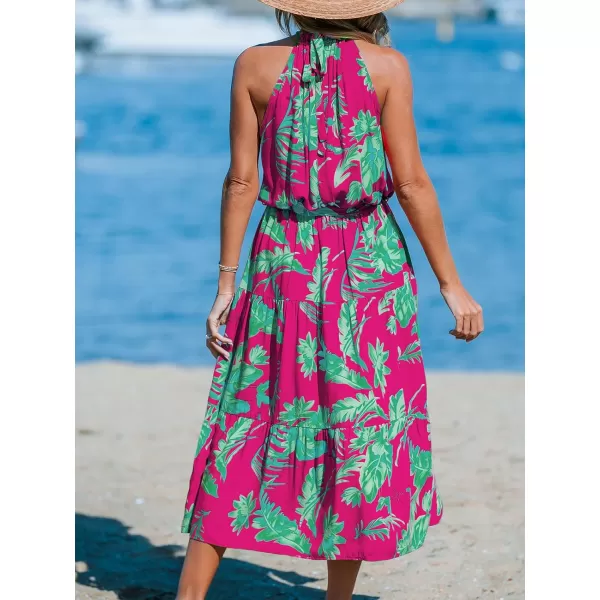 imageCUPSHE Womens Midi Dress Halter Floral Sleeveless Belted Ruffled A Line Casual Summer DressPink Floral