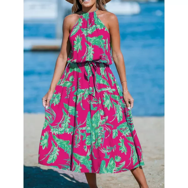 imageCUPSHE Womens Midi Dress Halter Floral Sleeveless Belted Ruffled A Line Casual Summer DressPink Floral