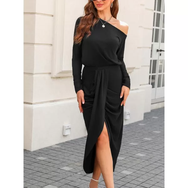 imageCUPSHE Womens Midi Dress One Shoulder Ruched Fitted Long Sleeve Tulip Hem Knitted Casual DressesBlack