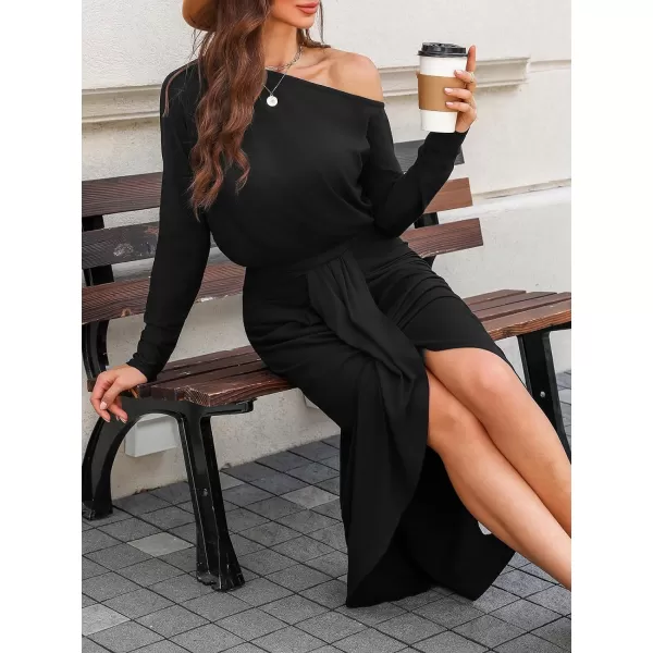 imageCUPSHE Womens Midi Dress One Shoulder Ruched Fitted Long Sleeve Tulip Hem Knitted Casual DressesBlack