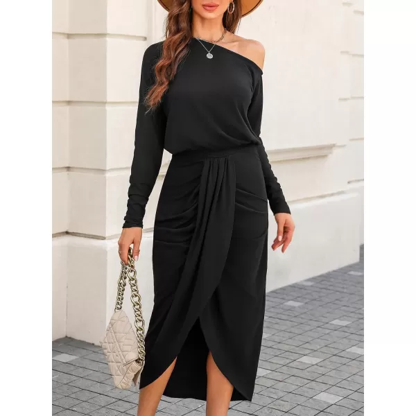 imageCUPSHE Womens Midi Dress One Shoulder Ruched Fitted Long Sleeve Tulip Hem Knitted Casual DressesBlack