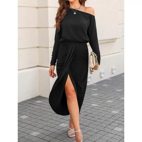 imageCUPSHE Womens Midi Dress One Shoulder Ruched Fitted Long Sleeve Tulip Hem Knitted Casual DressesBlack