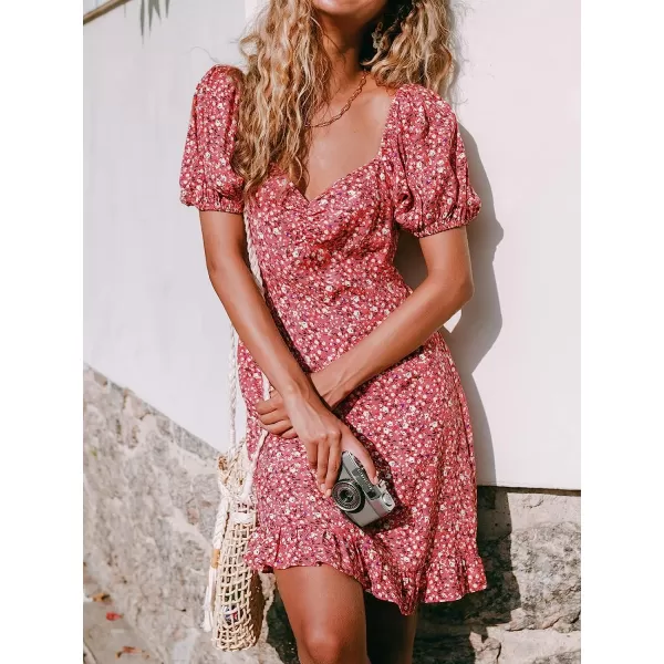 imageCUPSHE Womens Midi Dress Puff Short Sleeve Ruffle Trim Square Neck Smocked Ditsy FloralRed