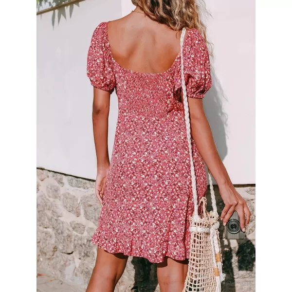 imageCUPSHE Womens Midi Dress Puff Short Sleeve Ruffle Trim Square Neck Smocked Ditsy FloralRed