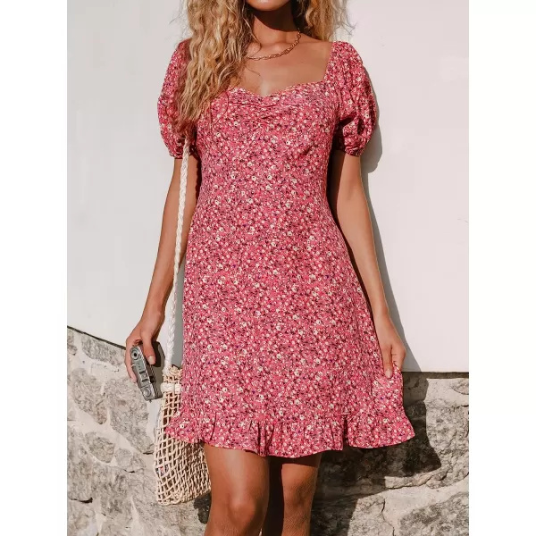 imageCUPSHE Womens Midi Dress Puff Short Sleeve Ruffle Trim Square Neck Smocked Ditsy FloralRed