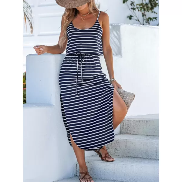 imageCUPSHE Womens Midi Dress Scoop Neck Ruffled Sleeveless Slit Drawstring Spaghetti Straps A Line Casual DressBlack