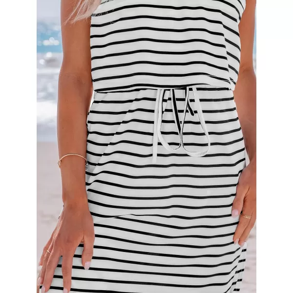 imageCUPSHE Womens Midi Dress Scoop Neck Ruffled Sleeveless Slit Drawstring Spaghetti Straps A Line Casual DressBlack Striped