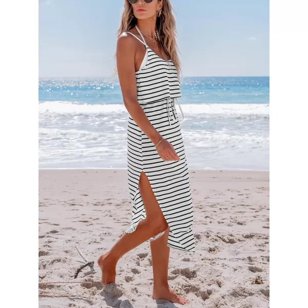 imageCUPSHE Womens Midi Dress Scoop Neck Ruffled Sleeveless Slit Drawstring Spaghetti Straps A Line Casual DressBlack Striped