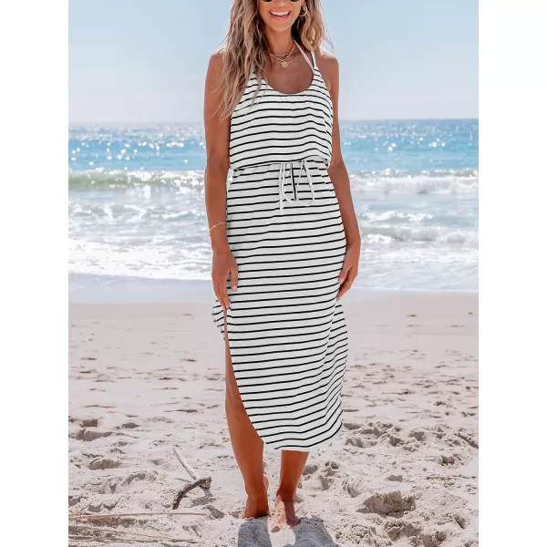 imageCUPSHE Womens Midi Dress Scoop Neck Ruffled Sleeveless Slit Drawstring Spaghetti Straps A Line Casual DressBlack Striped