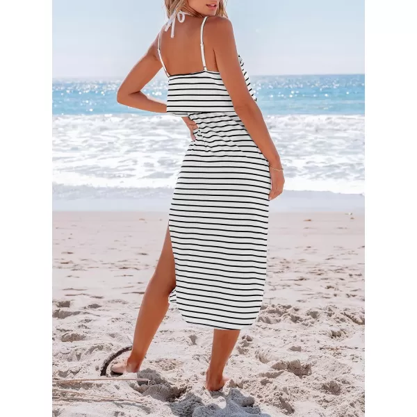 imageCUPSHE Womens Midi Dress Scoop Neck Ruffled Sleeveless Slit Drawstring Spaghetti Straps A Line Casual DressBlack Striped