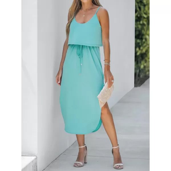 imageCUPSHE Womens Midi Dress Scoop Neck Ruffled Sleeveless Slit Drawstring Spaghetti Straps A Line Casual DressBlue