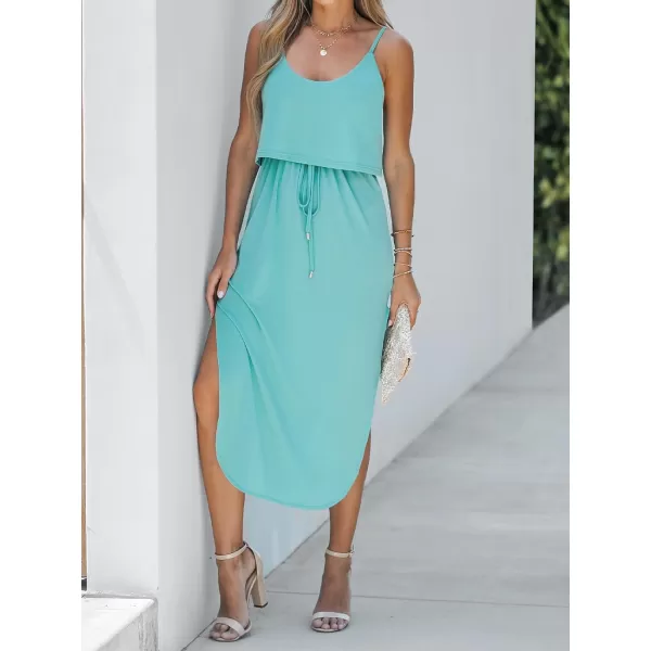 imageCUPSHE Womens Midi Dress Scoop Neck Ruffled Sleeveless Slit Drawstring Spaghetti Straps A Line Casual DressBlue