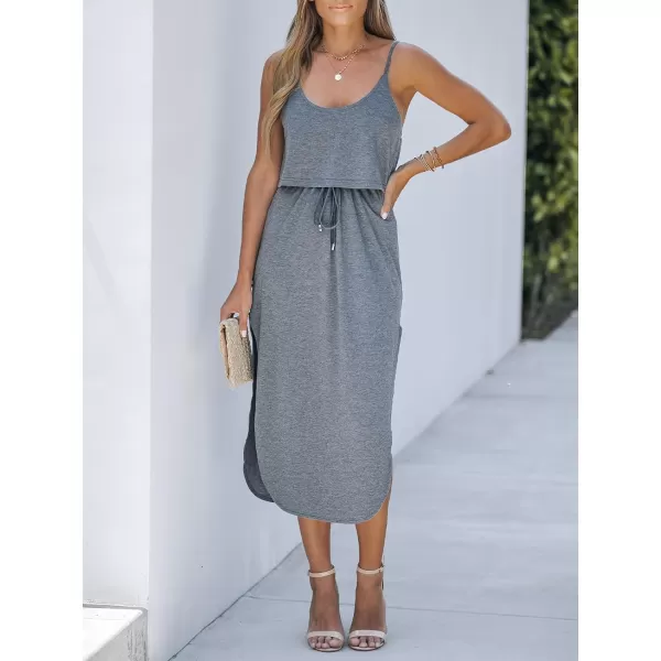 imageCUPSHE Womens Midi Dress Scoop Neck Ruffled Sleeveless Slit Drawstring Spaghetti Straps A Line Casual DressGrey