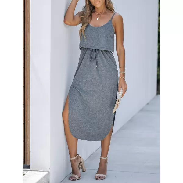 imageCUPSHE Womens Midi Dress Scoop Neck Ruffled Sleeveless Slit Drawstring Spaghetti Straps A Line Casual DressGrey