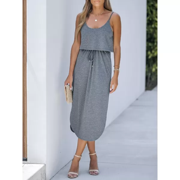imageCUPSHE Womens Midi Dress Scoop Neck Ruffled Sleeveless Slit Drawstring Spaghetti Straps A Line Casual DressGrey