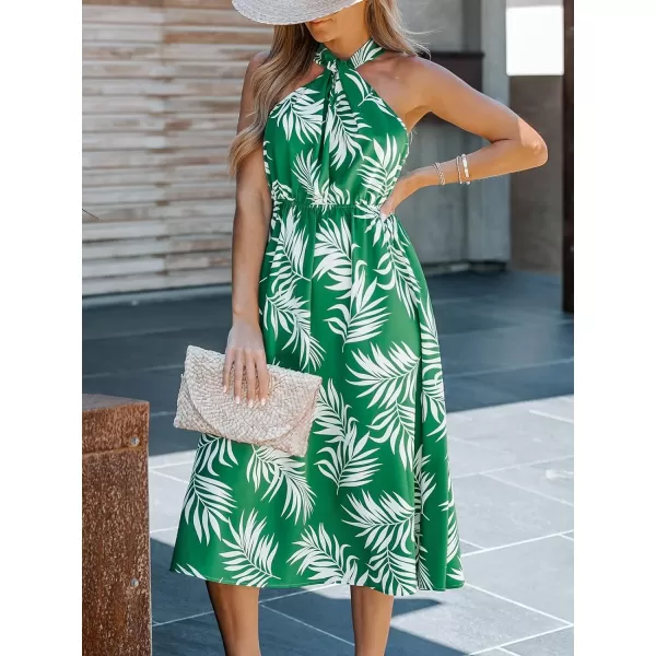 imageCUPSHE Womens Midi Dress Tropical Leaf Print Knotted Halter Long Dress Elastic Formal DressGreen Floral