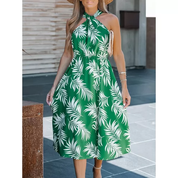 imageCUPSHE Womens Midi Dress Tropical Leaf Print Knotted Halter Long Dress Elastic Formal DressGreen Floral