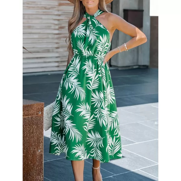 imageCUPSHE Womens Midi Dress Tropical Leaf Print Knotted Halter Long Dress Elastic Formal DressGreen Floral