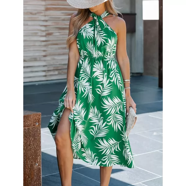 imageCUPSHE Womens Midi Dress Tropical Leaf Print Knotted Halter Long Dress Elastic Formal DressGreen Floral